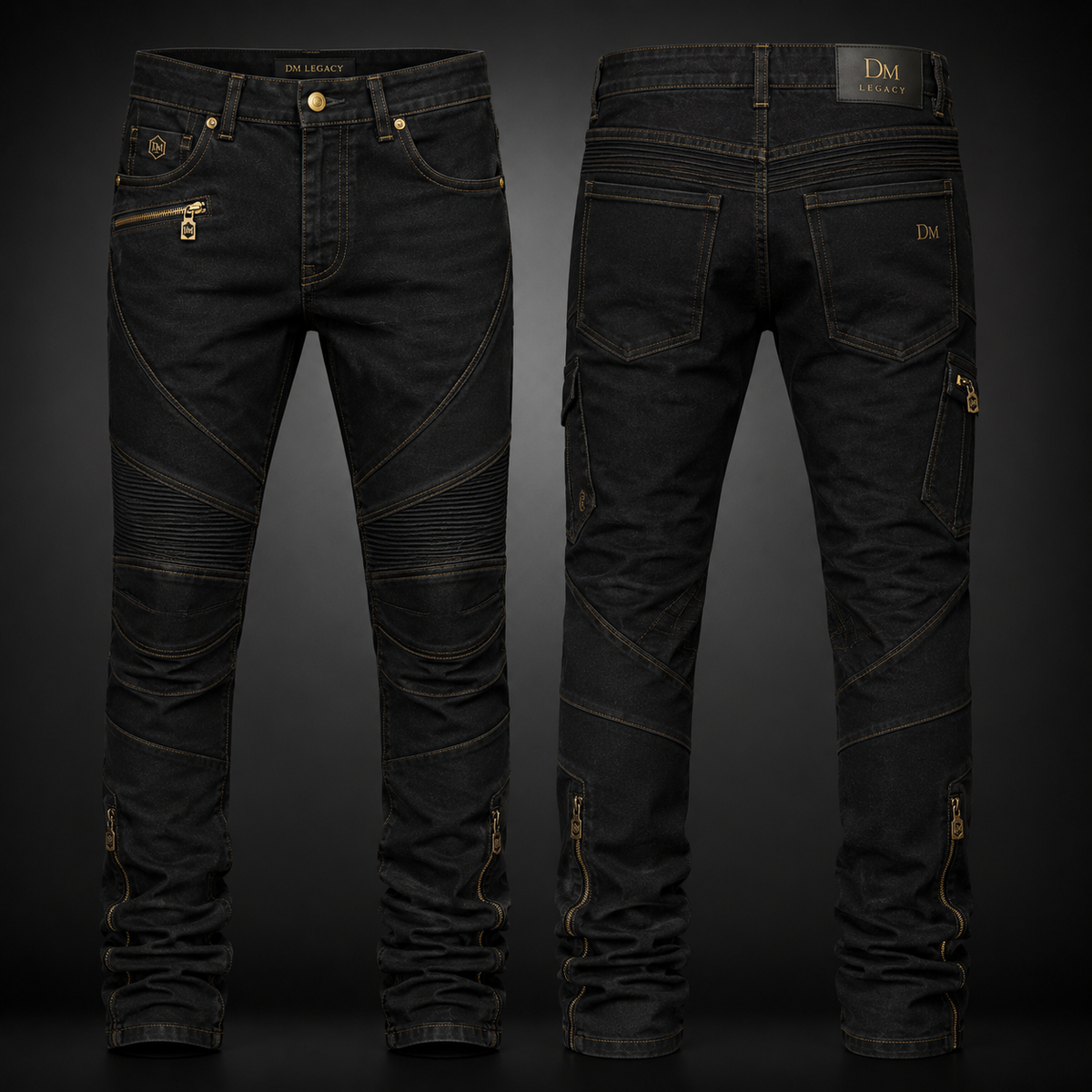 DM Legacy Black & Gold Moto Stacked Jeans