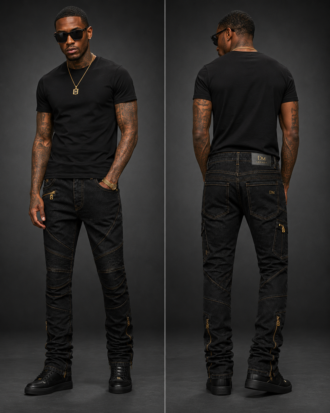 DM Legacy Black & Gold Moto Stacked Jeans